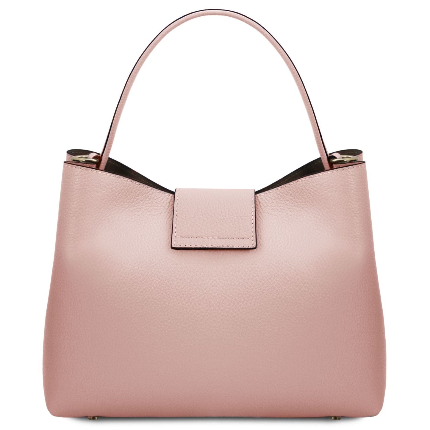 Front view of soft pink pebbled leather Clio bucket bag with top handle and gold accents.