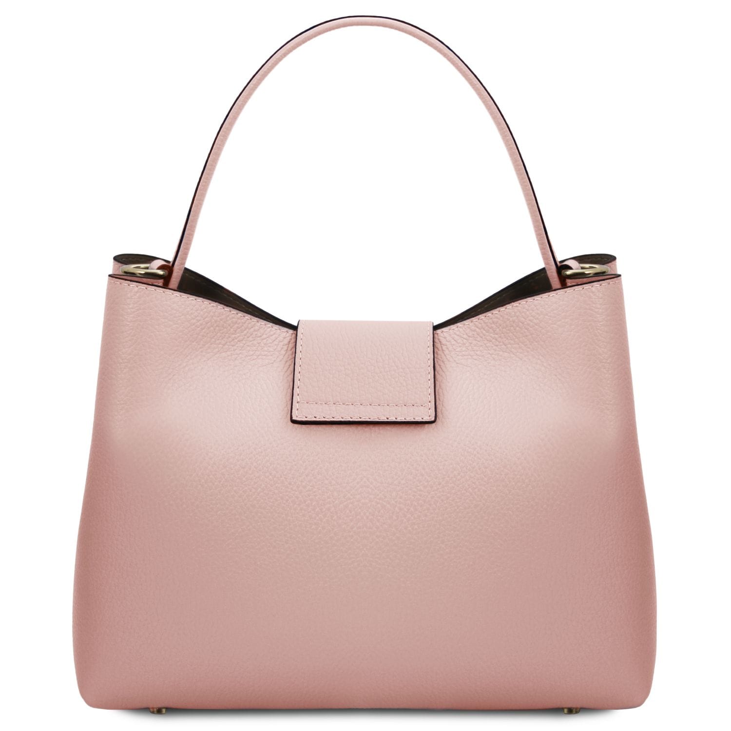 Front view of soft pink pebbled leather Clio bucket bag with top handle and gold accents.