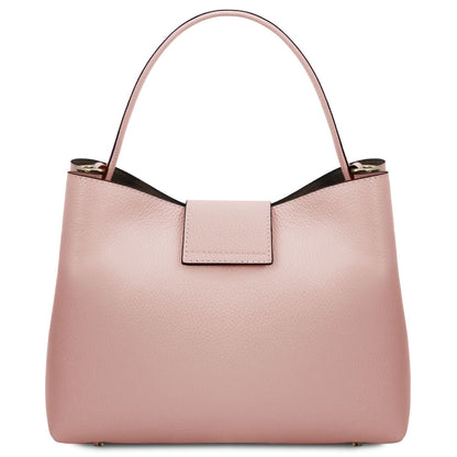 Front view of soft pink pebbled leather Clio bucket bag with top handle and gold accents.