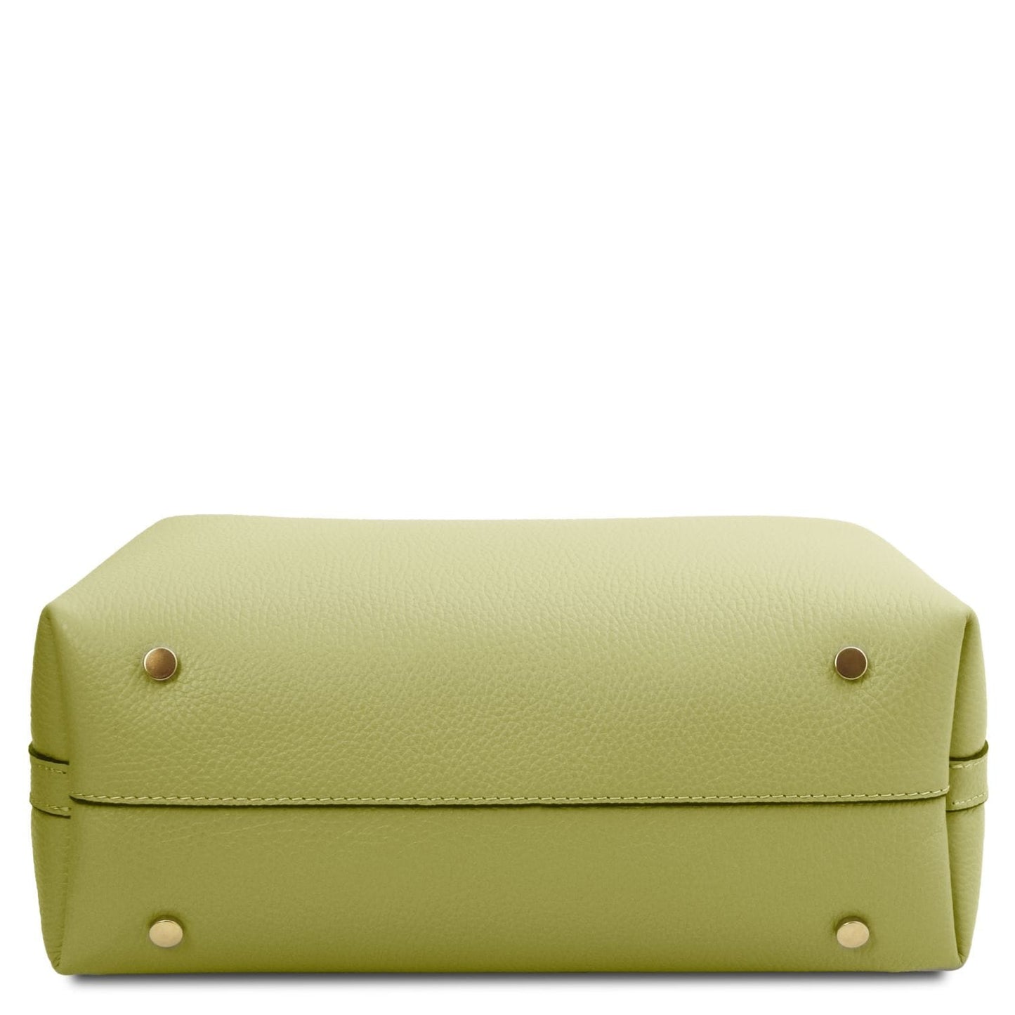 Lime green pebbled leather bucket bag bottom with four gold stud feet