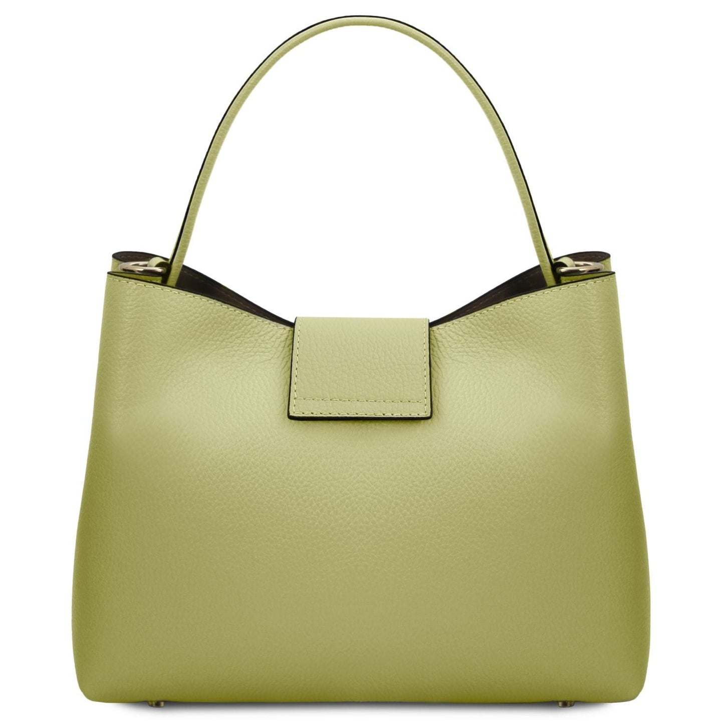 Front three quarter view of lime pebble leather bucket bag with top handle and front flap