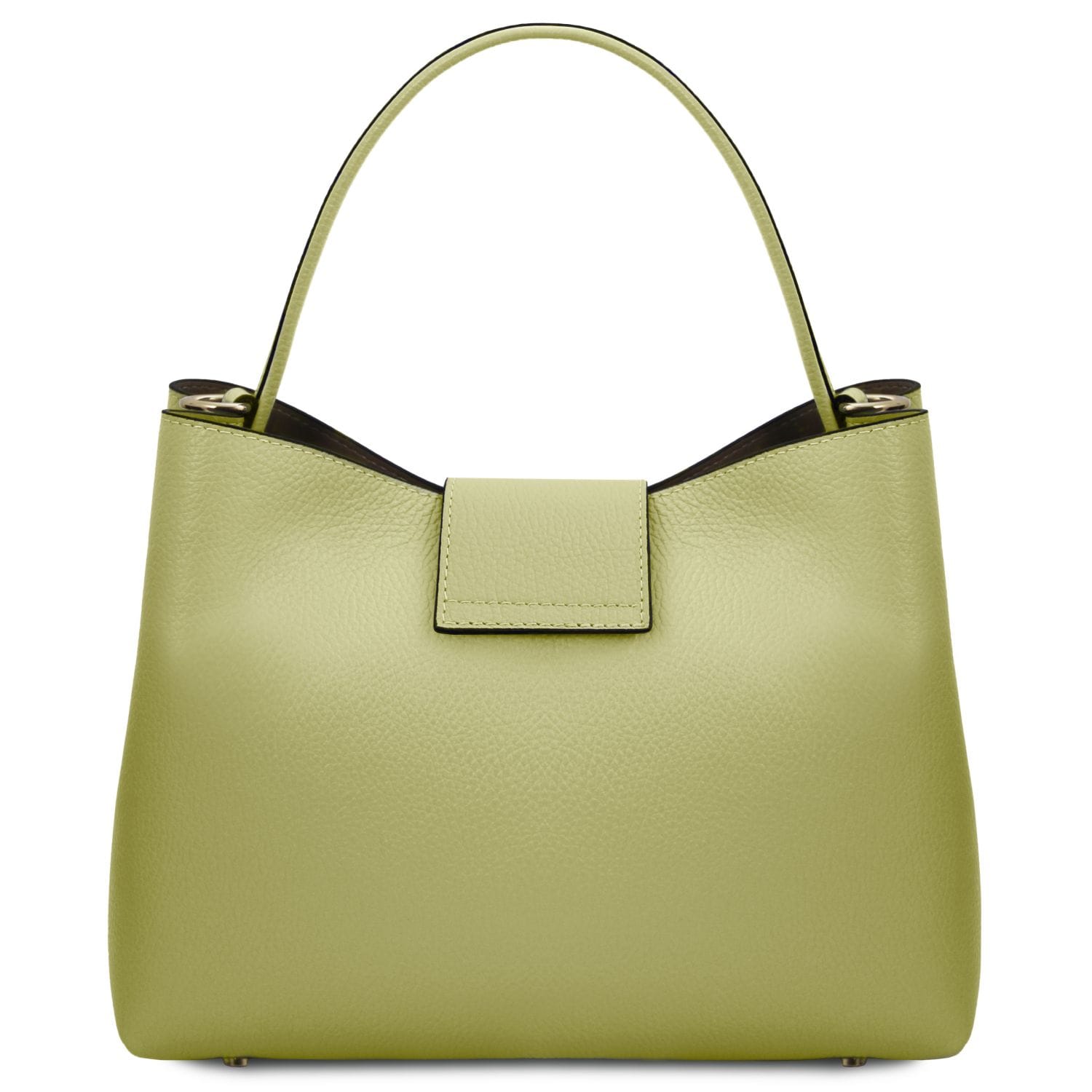 Front three quarter view of lime pebble leather bucket bag with top handle and front flap