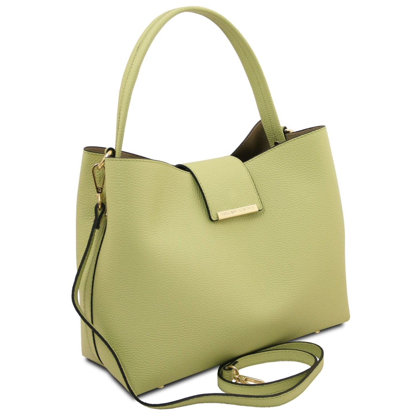 Side view of lime pebble leather bucket bag with top handle and removable shoulder strap
