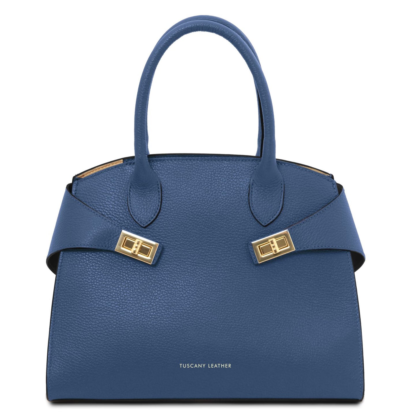 Blue Coccola women's leather tote with top handles and gold hardware closures