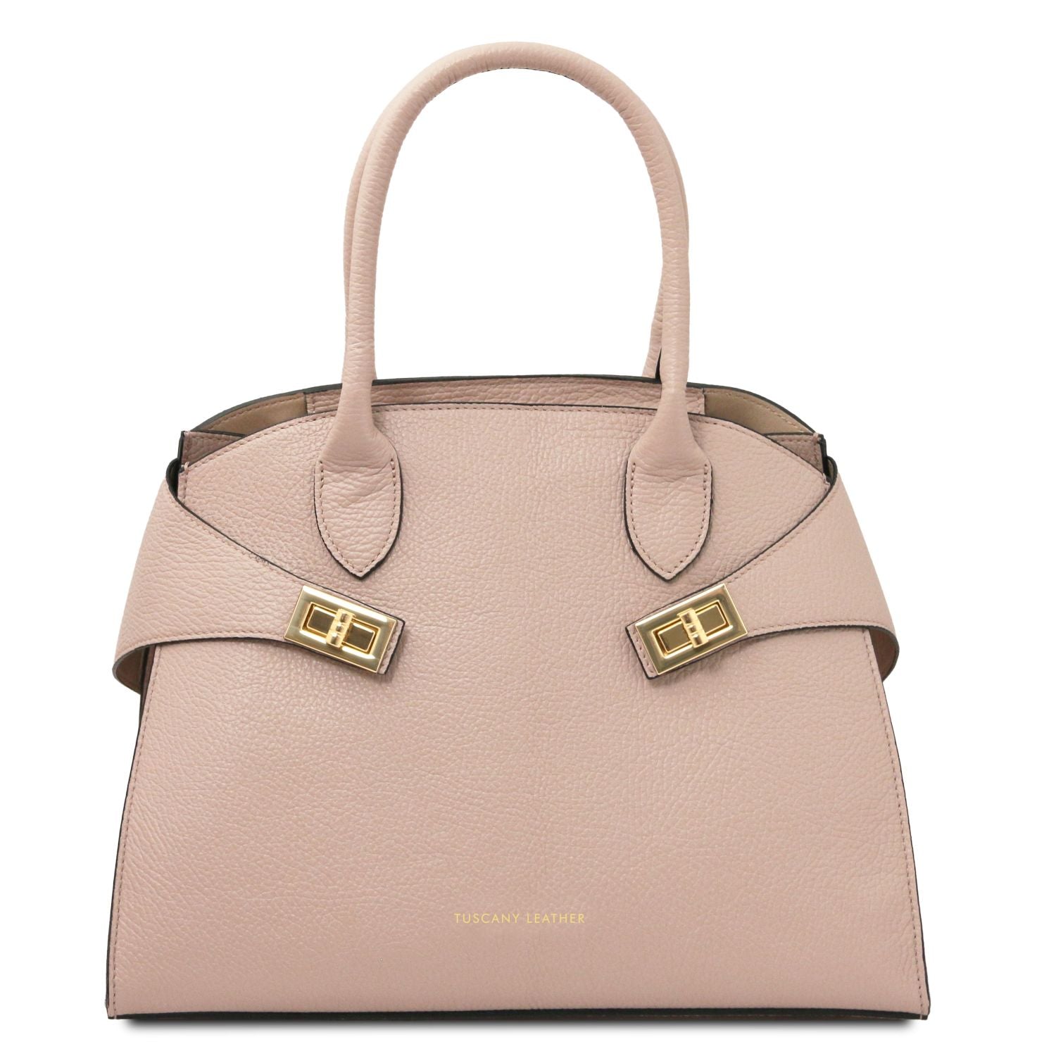 Beige pink leather tote with two rounded handles and gold buckle accents on the front