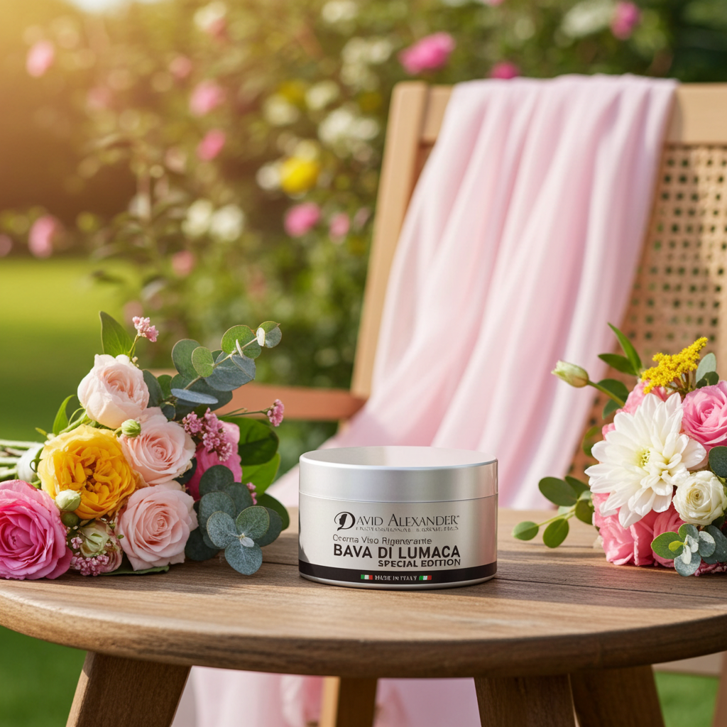 Silvery snail mucin face cream on a wooden table outdoors surrounded by pink and yellow flowers.
