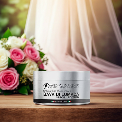 Crema viso rigenerante alla bava di lumaca in vasetto metallico su tavolo di legno con bouquet di rose sullo sfondo