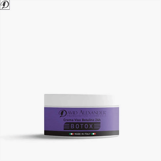Close-up of purple jar label reading Crema Viso Botulino Vegetale 24H Botox