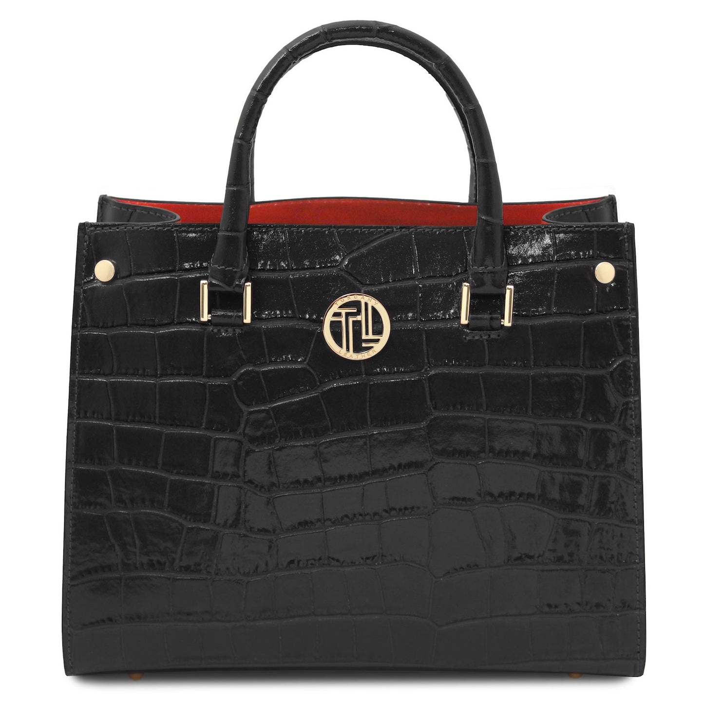 Croque - Croc print leather tote handbag | TL142504 in black glossy embossed leather with goldfarbene Beschläge and Tragegriffs vor weissem Hintergrund