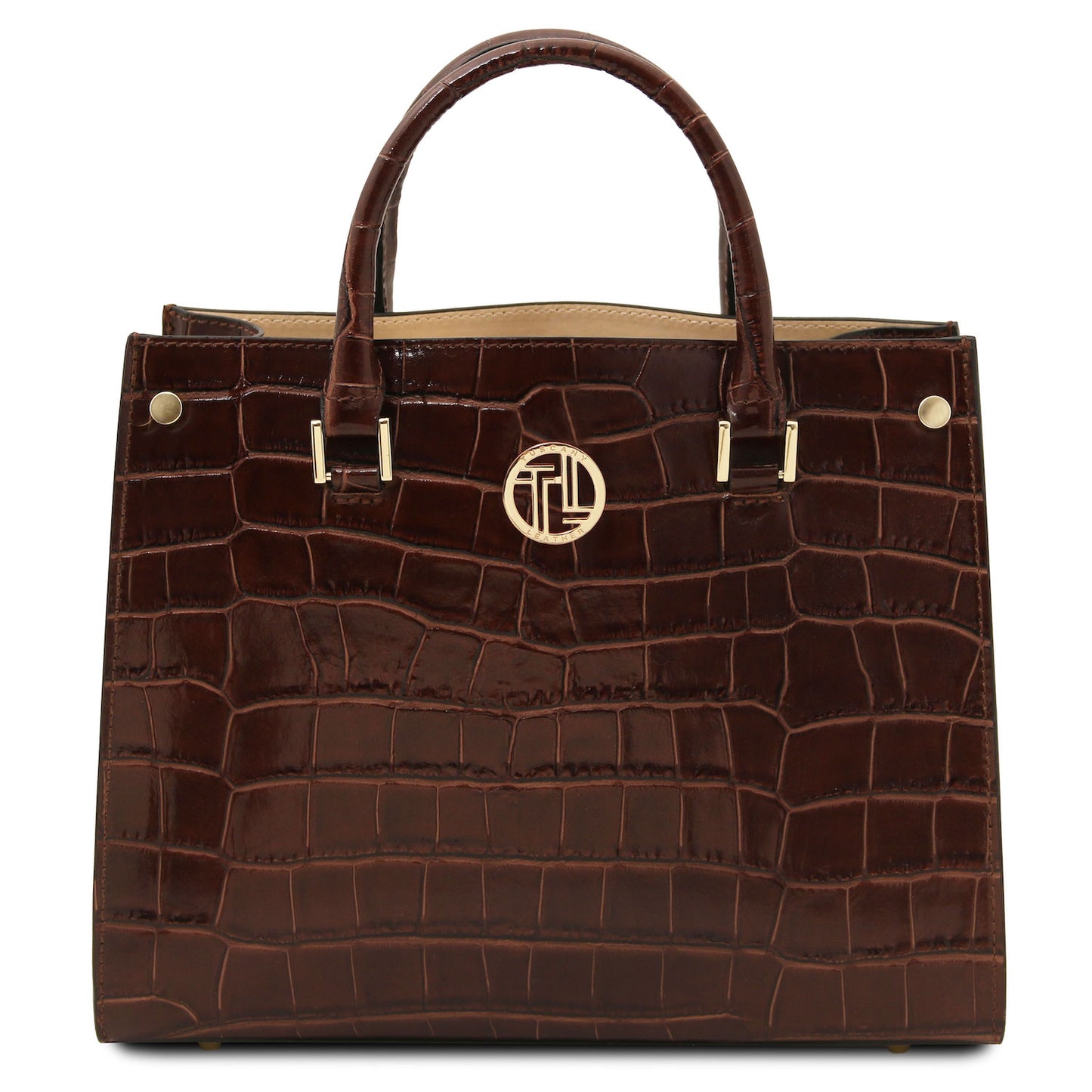 Croque - Croc print leather tote handbag | TL142504 in dark brown with glossy embossed texture, Tragegriffs, and goldfarbene Beschläge vor weissem Hintergrund