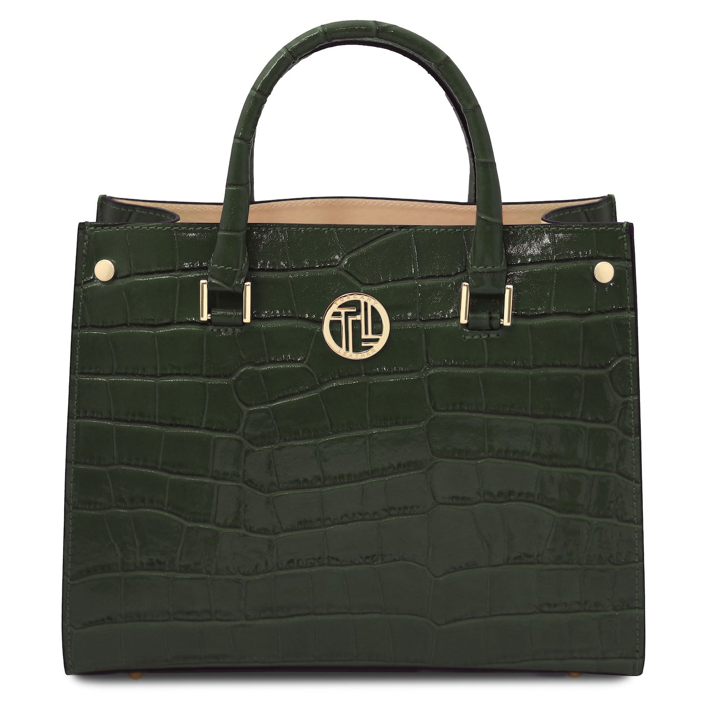 Croque - Croc print leather tote handbag | TL142504 in glossy dark green Italian embossed leather with Tragegriffs and goldfarbene Beschläge vor weissem Hintergrund