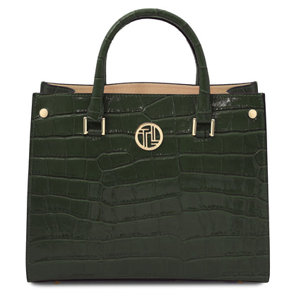 Croque - Croc print leather tote handbag | TL142504 in glossy dark green Italian embossed leather with Tragegriffs and goldfarbene Beschläge vor weissem Hintergrund