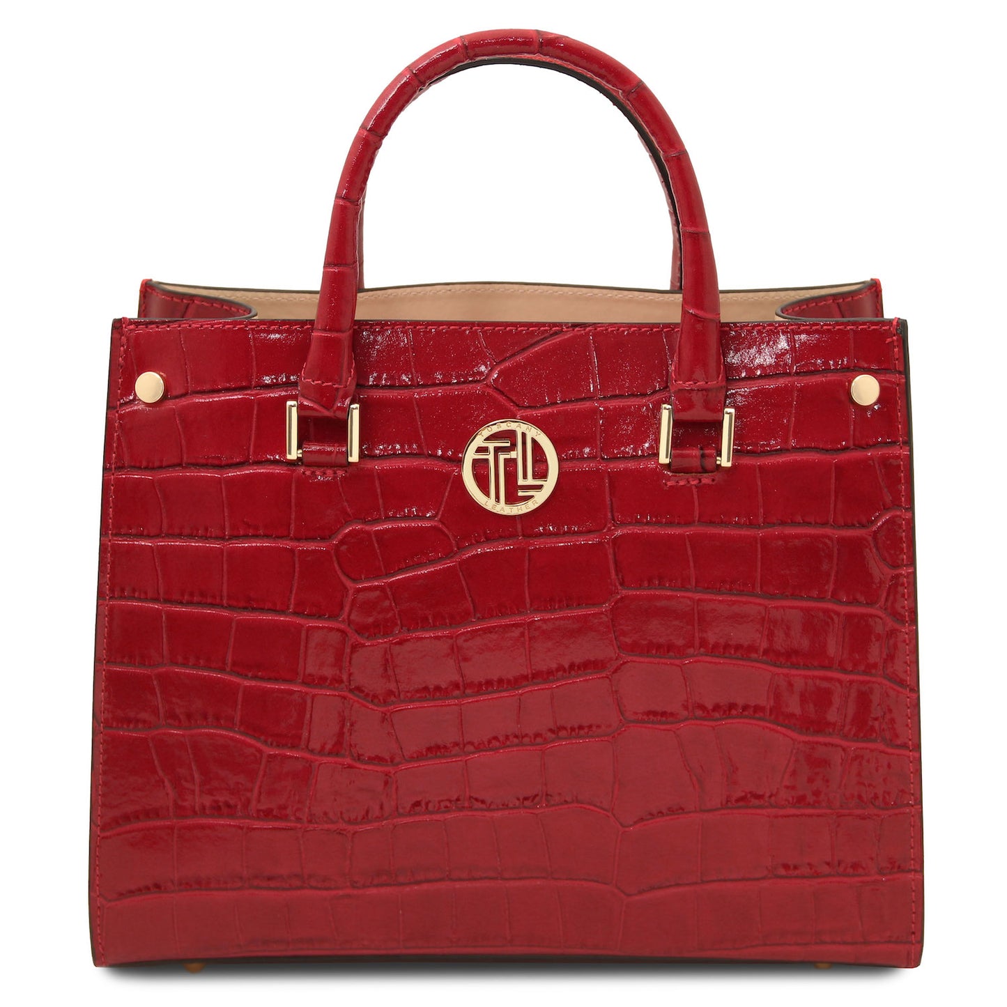 Croque - Croc print leather tote handbag | TL142504 in glossy red with structured silhouette, zwei Tragegriffe, and goldfarbene Beschläge vor weissem Hintergrund.