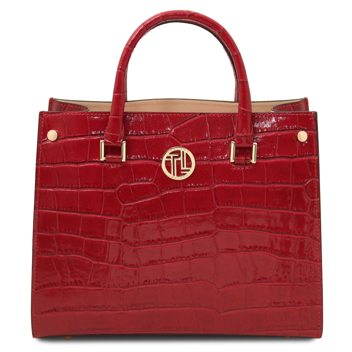 Croque - Croc print leather tote handbag | TL142504 in glossy red with structured silhouette, zwei Tragegriffe, and goldfarbene Beschläge vor weissem Hintergrund.