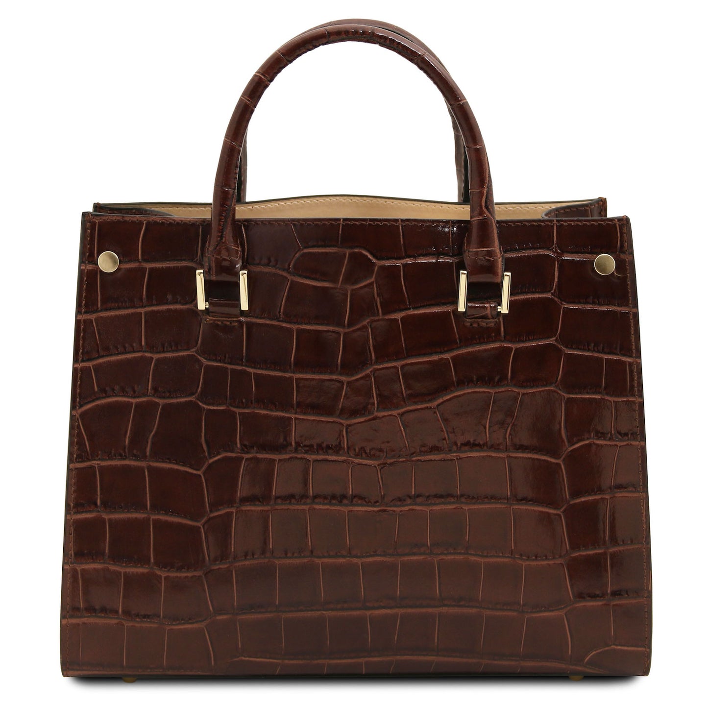Croque - Croc print leather tote handbag | TL142504 in dark brown glossy Italian embossed leather with Tragegriffs and goldfarbene Beschläge vor weissem Hintergrund
