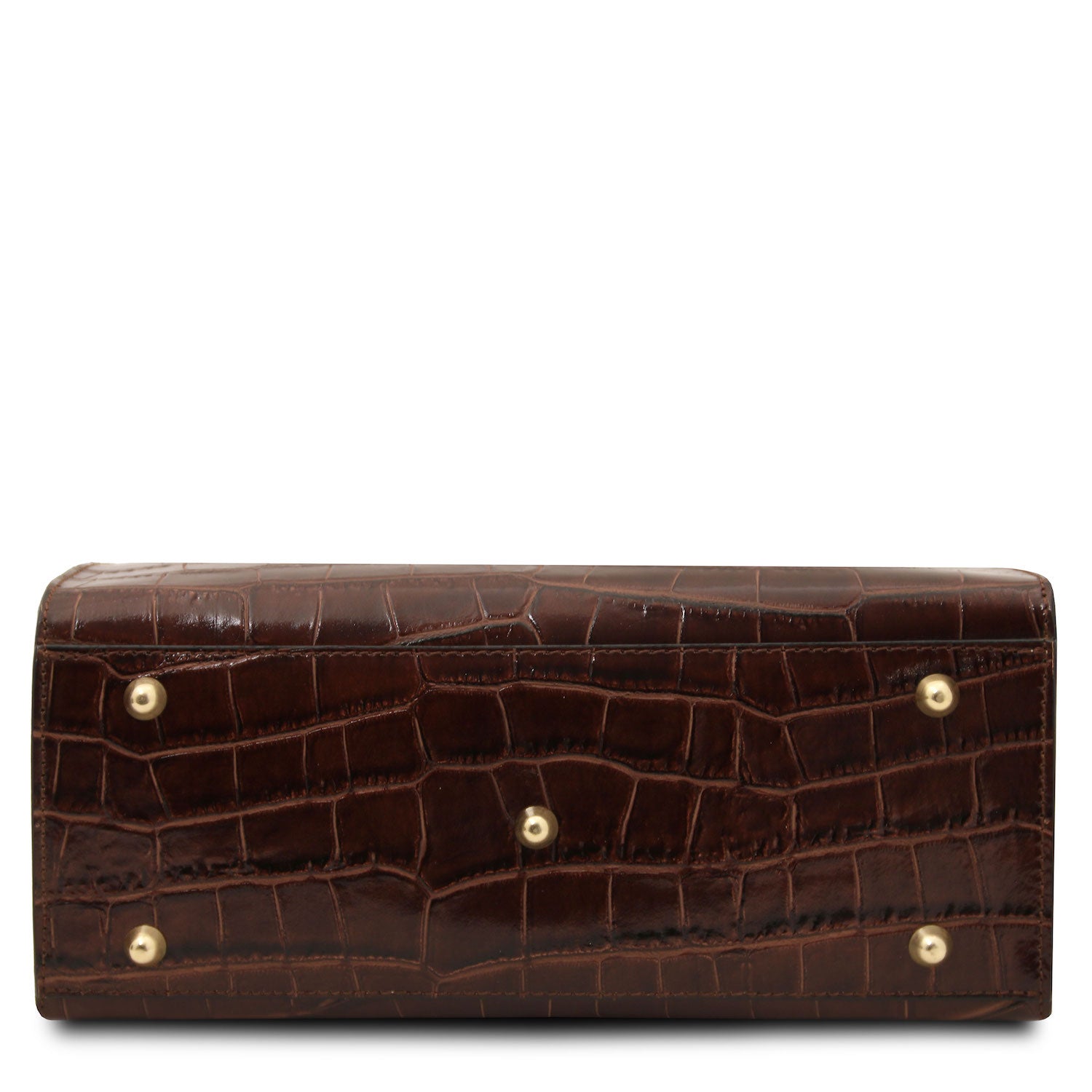 Croque - Croc print leather tote handbag | TL142504 in dark brown with glossy embossed texture and gold-tone metal feet vor weissem Hintergrund