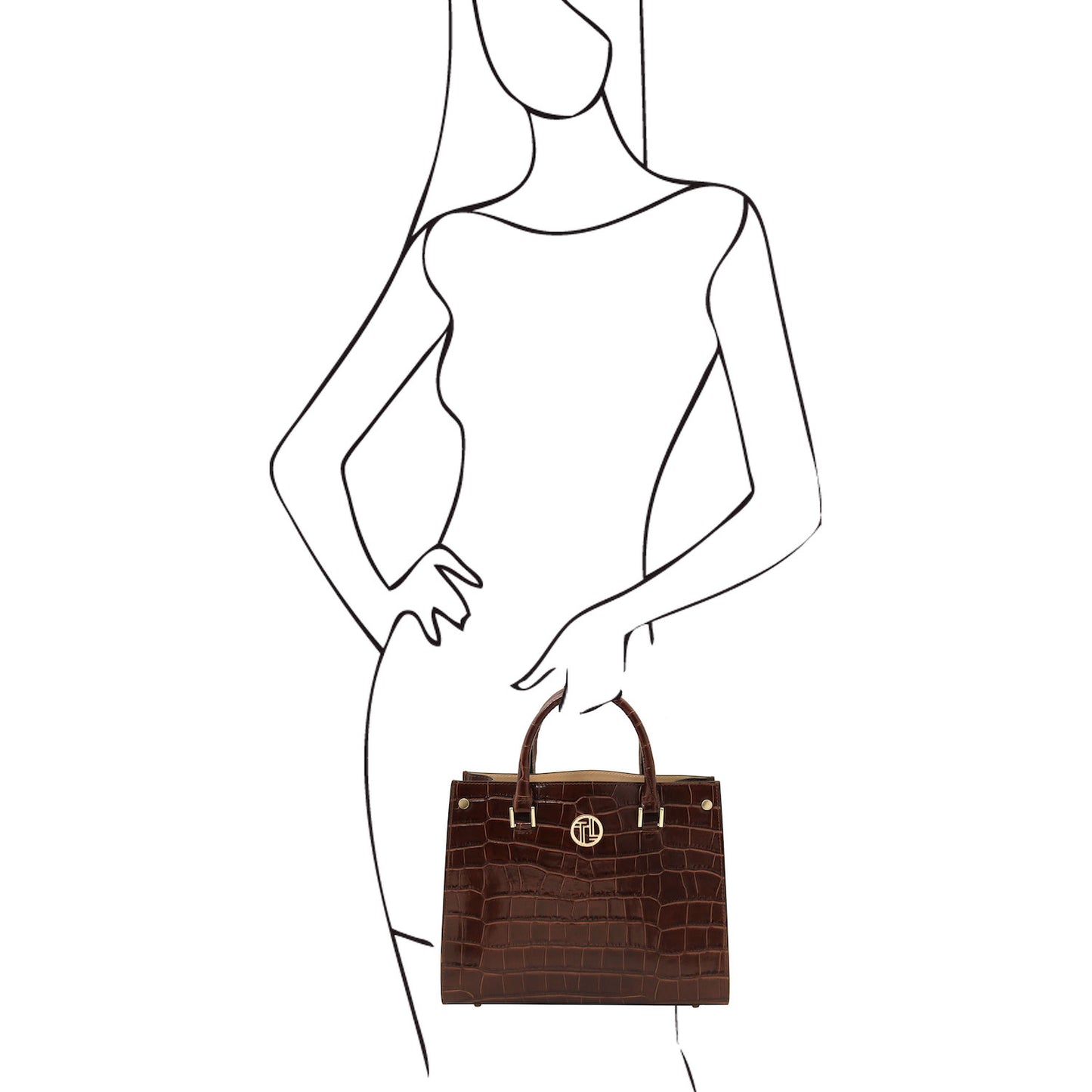Croque - Croc print leather tote handbag | TL142504 in dark brown embossed leather with goldfarbene Beschläge and Tragegriffs held by an outline figure.