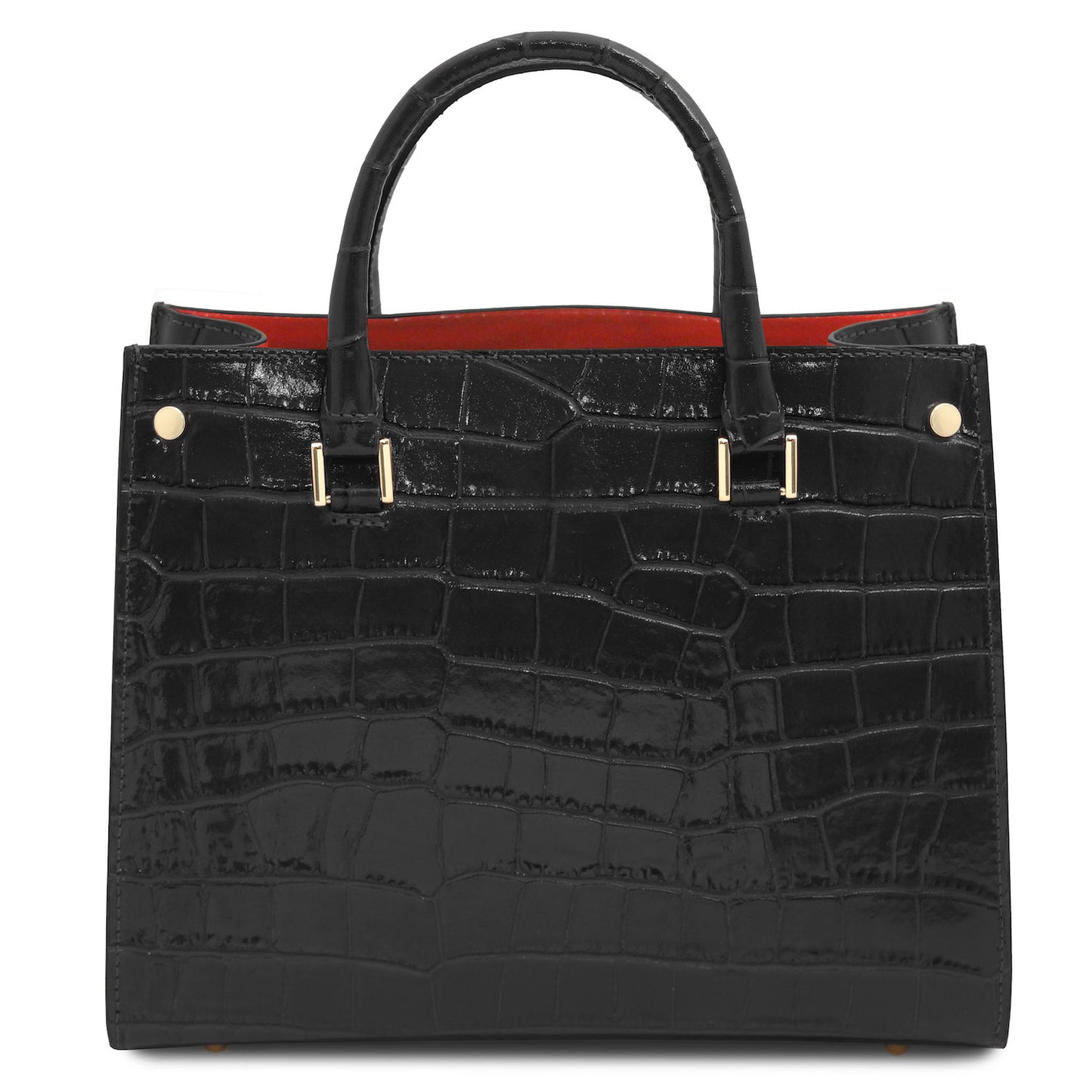 Croque - Croc print leather tote handbag | TL142504 in black glossy embossed leather with structured frame and goldfarbene Beschläge vor weissem Hintergrund