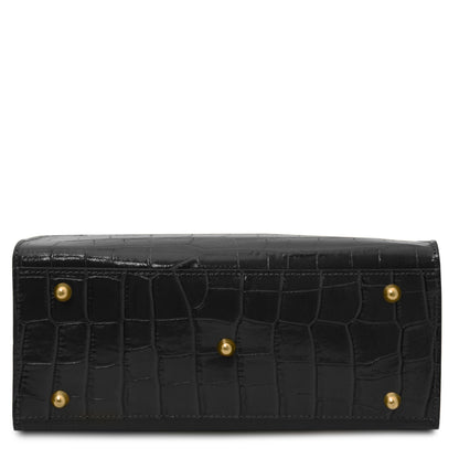 Croque - Croc print leather tote handbag | TL142504 in black Italian embossed leather with gold-tone stud feet vor weissem Hintergrund
