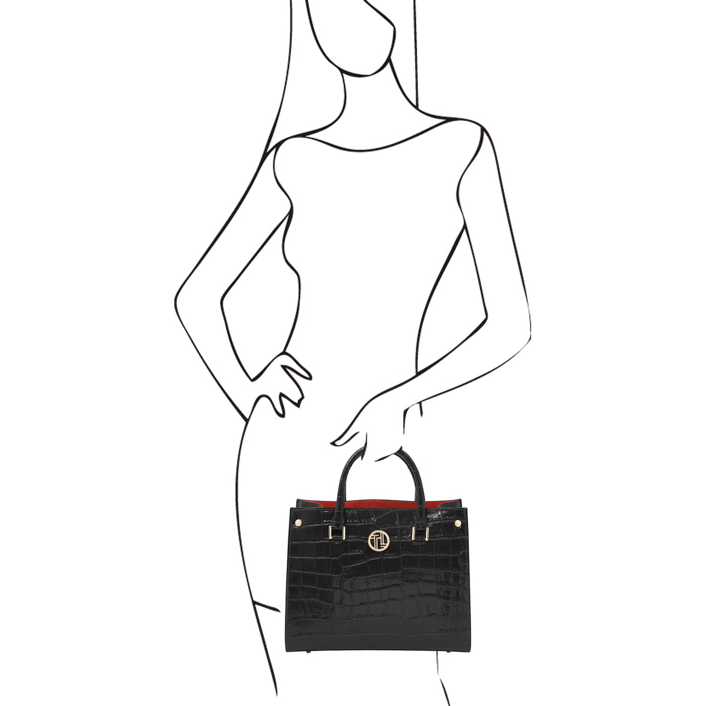 Croque - Croc print leather tote handbag | TL142504 in black glossy embossed leather with goldfarbene Beschläge and Tragegriffs held against a white background