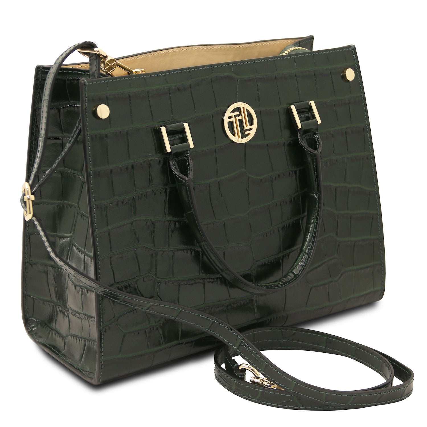 Croque - Croc print leather tote handbag | TL142504 in dark green with glossy embossed texture, goldfarbene Beschläge, Tragegriffs, and abnehmbarer Schulterriemen