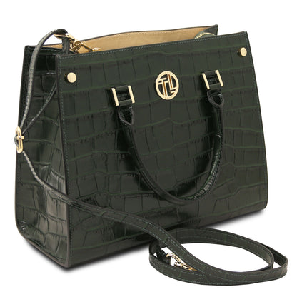 Croque - Croc print leather tote handbag | TL142504 in dark green with glossy embossed texture, goldfarbene Beschläge, Tragegriffs, and abnehmbarer Schulterriemen
