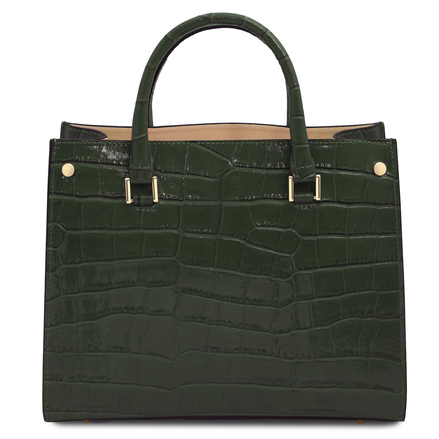 Croque - Croc print leather tote handbag | TL142504 in glossy dark green Italian embossed leather with structured frame and goldfarbene Beschläge vor weissem Hintergrund