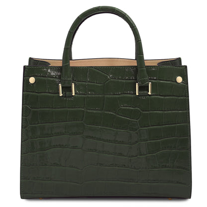 Croque - Croc print leather tote handbag | TL142504 in glossy dark green Italian embossed leather with structured frame and goldfarbene Beschläge vor weissem Hintergrund