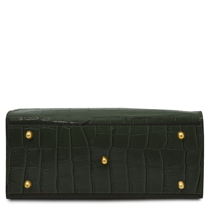 Croque - Croc print leather tote handbag | TL142504 in dark green Italian embossed leather with gold-tone feet vor weissem Hintergrund