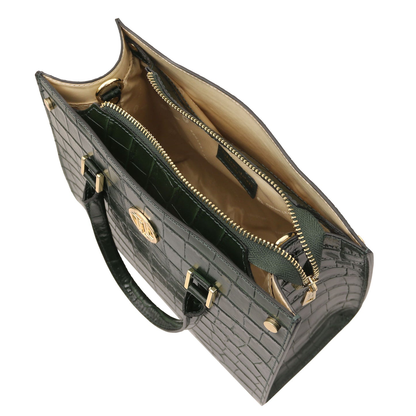 Croque - Croc print leather tote handbag | TL142504 in black with embossed texture, goldfarbene Beschläge, Tragegriffs, and zippered interior compartment vor weissem Hintergrund.