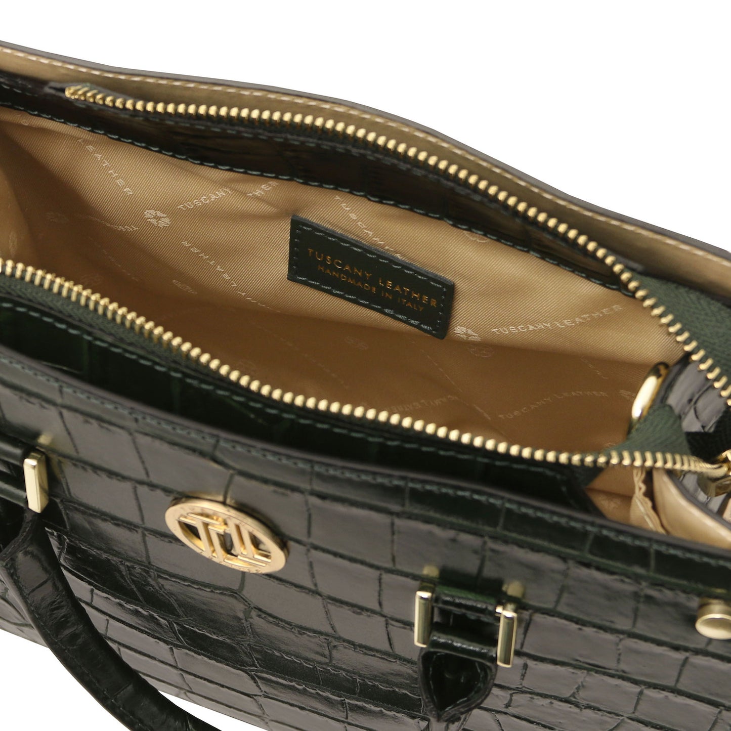 Croque - Croc print leather tote handbag | TL142504 in black glossy embossed leather with goldfarbene Beschläge and Tragegriffs vor weissem Hintergrund
