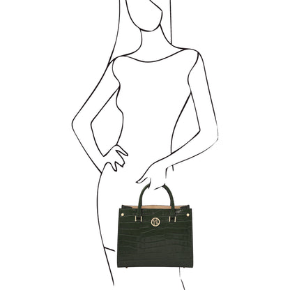 Croque - Croc print leather tote handbag | TL142504 in black Italian embossed leather with structured frame, Tragegriffs, and goldfarbene Beschläge.