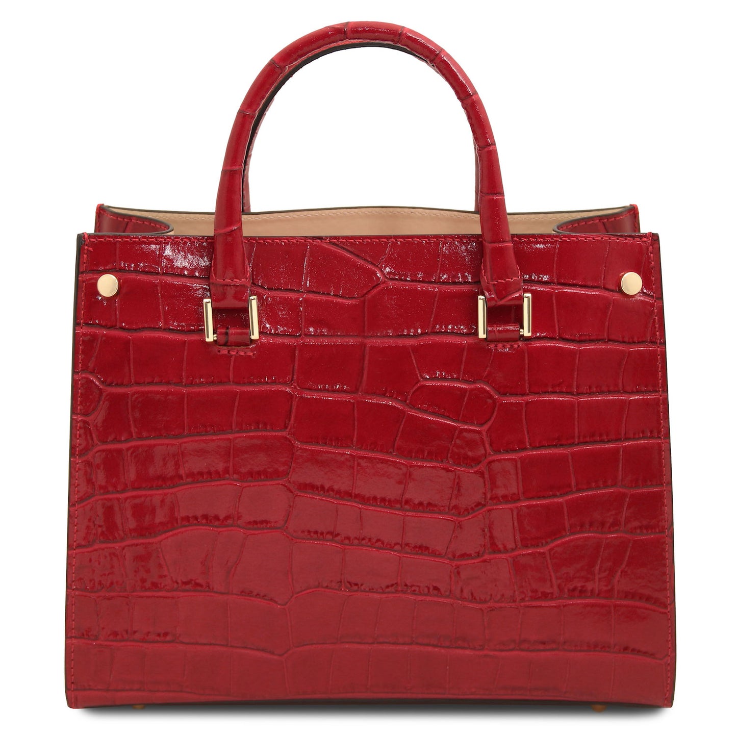 Croque - Croc print leather tote handbag | TL142504 in glossy red Italian embossed leather with structured frame and goldfarbene Beschläge vor weissem Hintergrund.