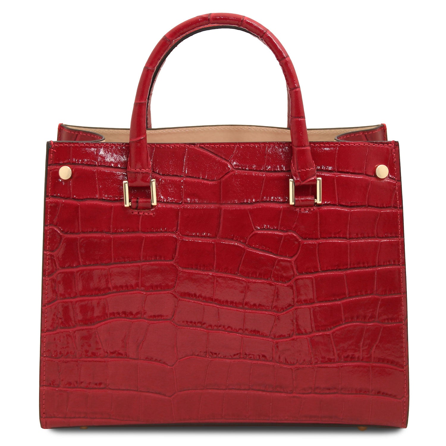 Croque - Croc print leather tote handbag | TL142504 in glossy red Italian embossed leather with structured frame and goldfarbene Beschläge vor weissem Hintergrund.