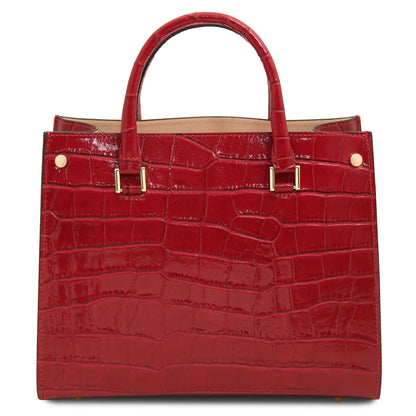 Croque - Croc print leather tote handbag | TL142504 in glossy red Italian embossed leather with structured frame and goldfarbene Beschläge vor weissem Hintergrund.