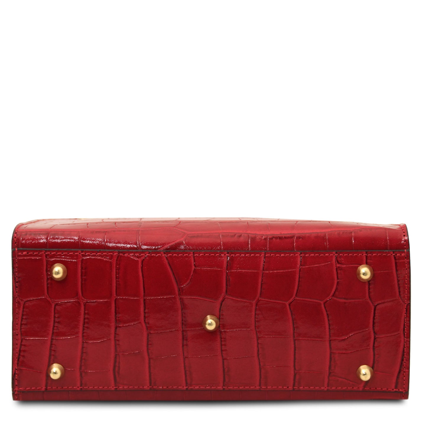 Croque - Croc print leather tote handbag | TL142504 in glossy red embossed leather with gold-tone feet vor weissem Hintergrund.