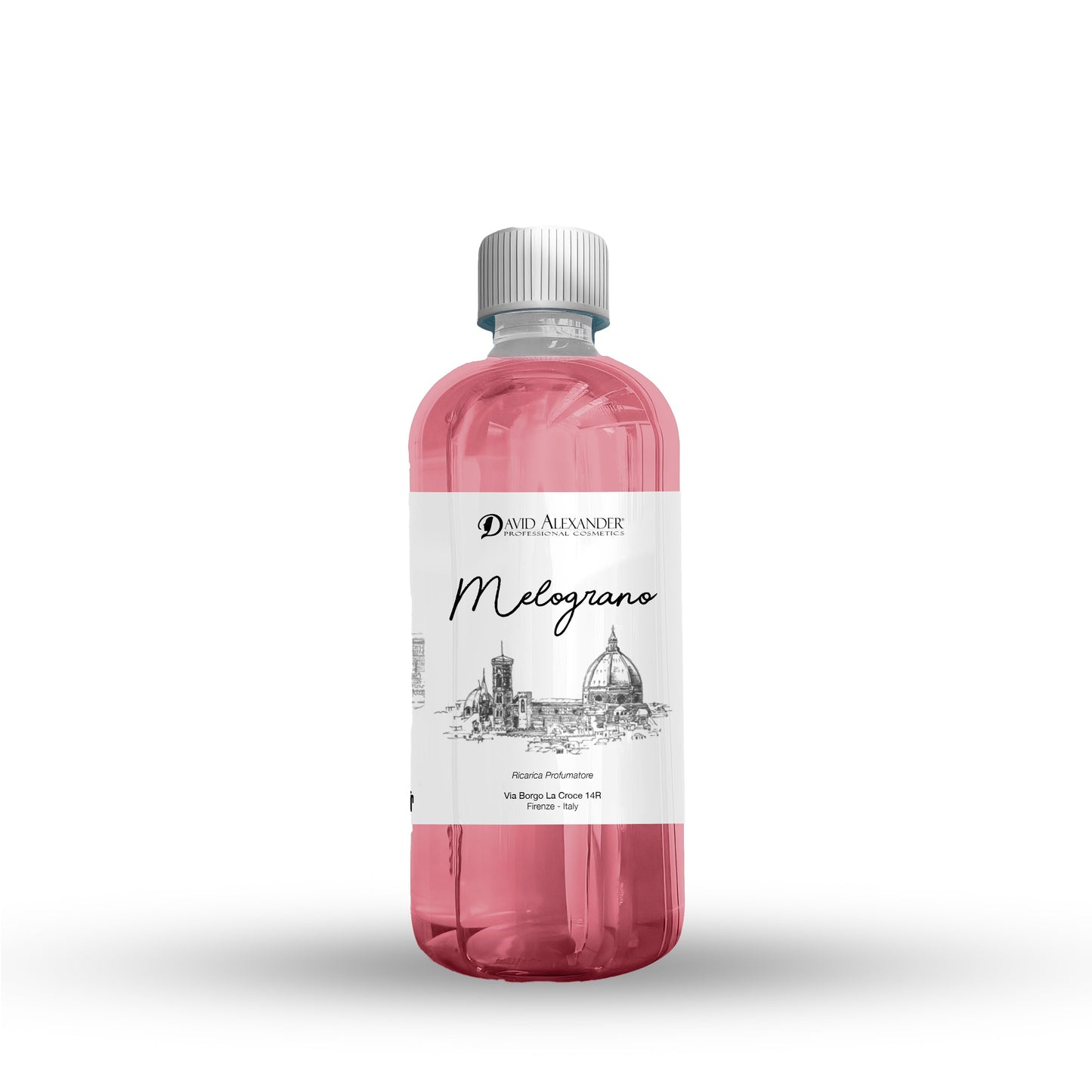 Melograno room fragrance bottle with pink liquid and silver pump cap
