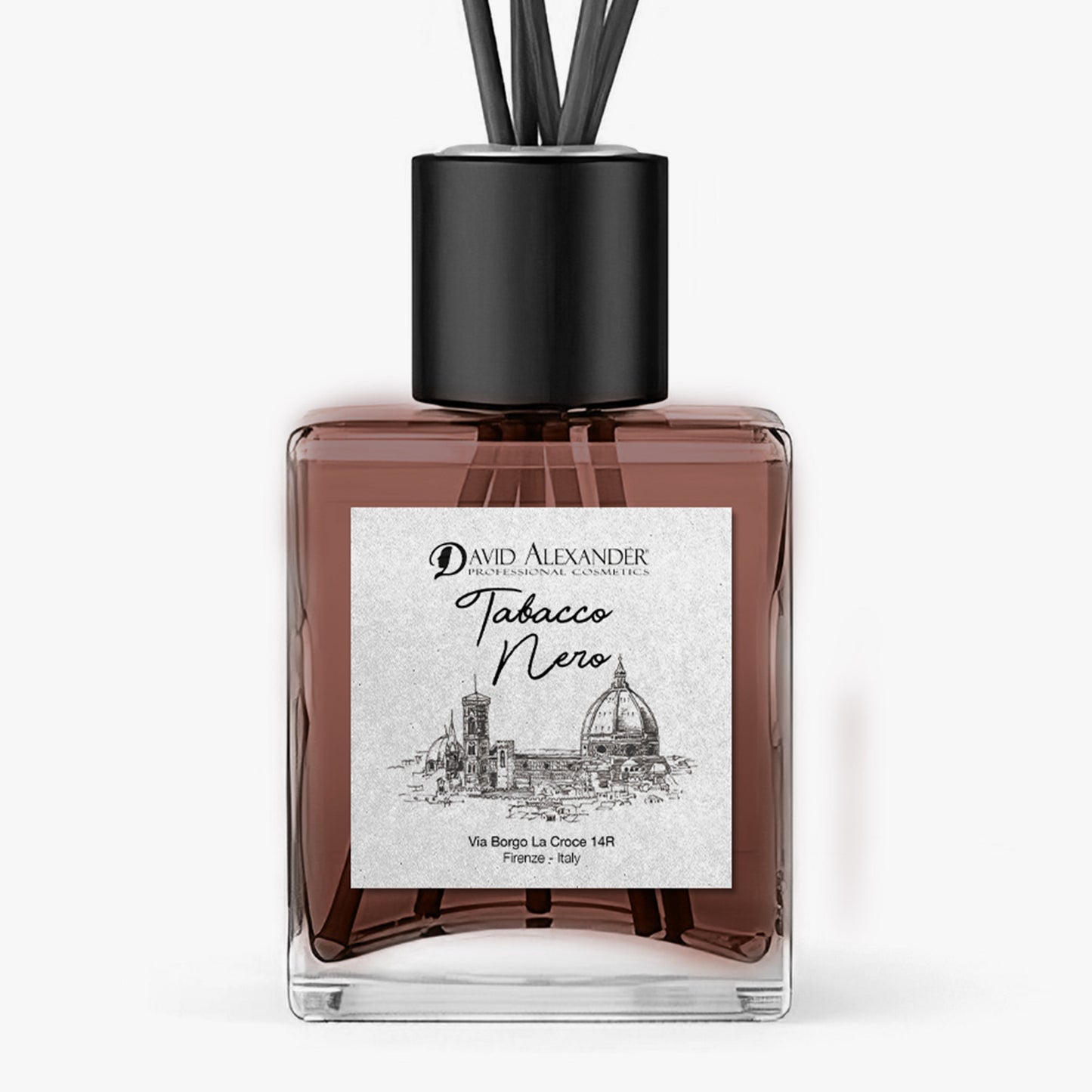 David Alexander Tabacco Nero ambient fragrance in a square glass bottle with black cap and illustrated label
