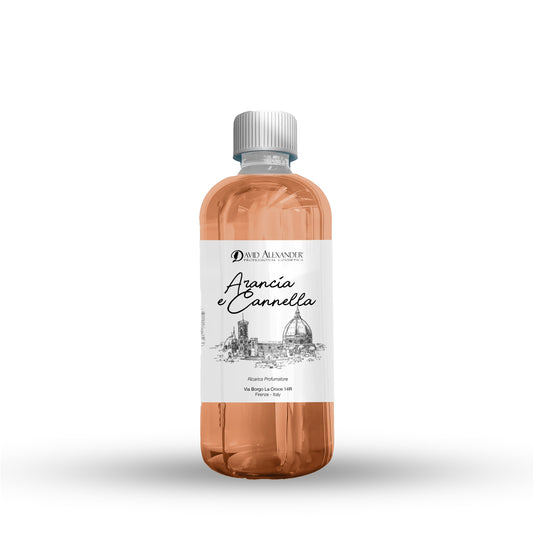 Orange and cinnamon scented refill bottle 500 ml with white label