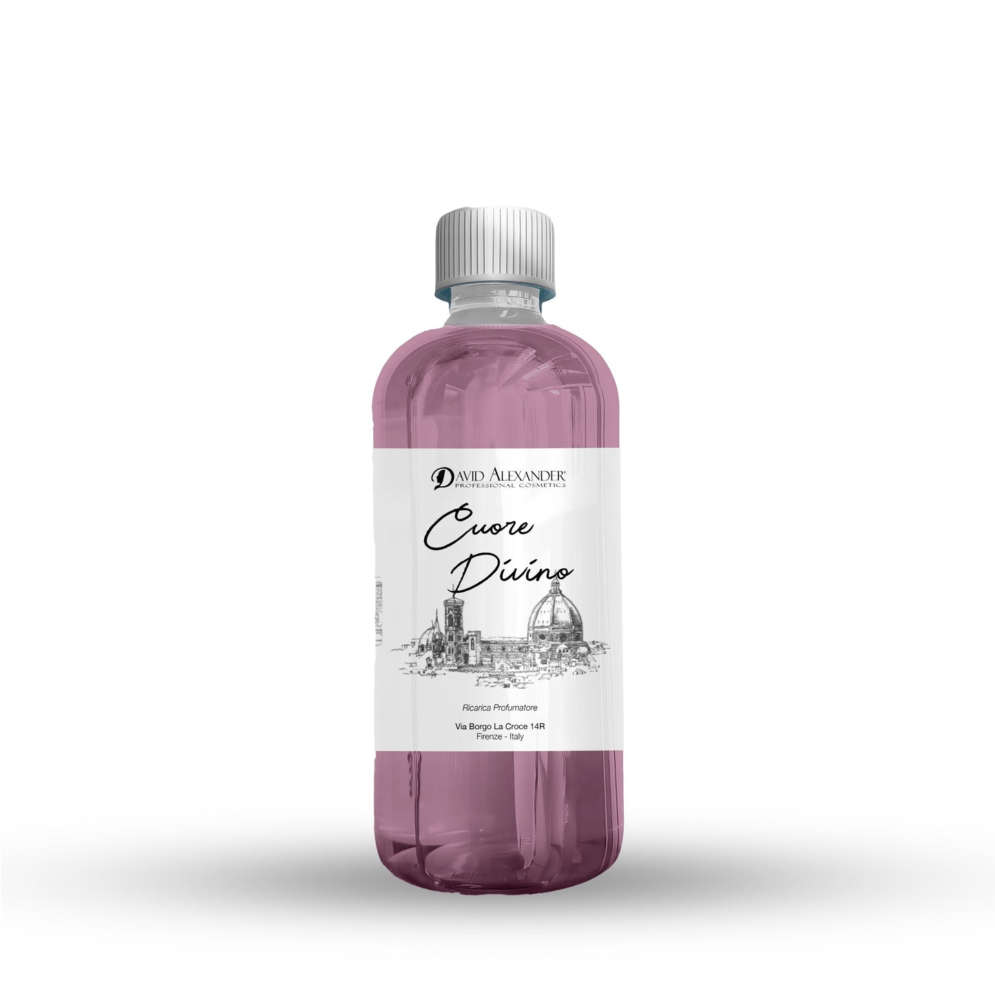 Cuore Divino scented refill bottle 500 ml with illustrated label and pink liquid