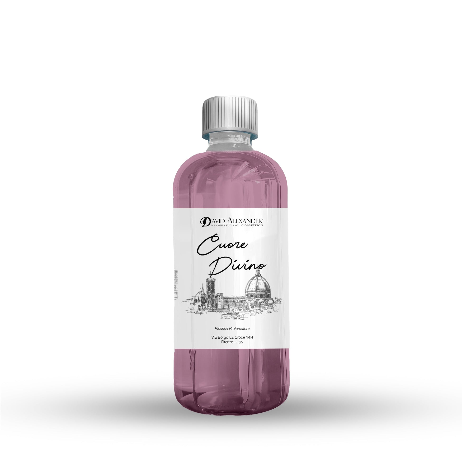 Cuore Divino scented refill bottle 500 ml with illustrated label and pink liquid