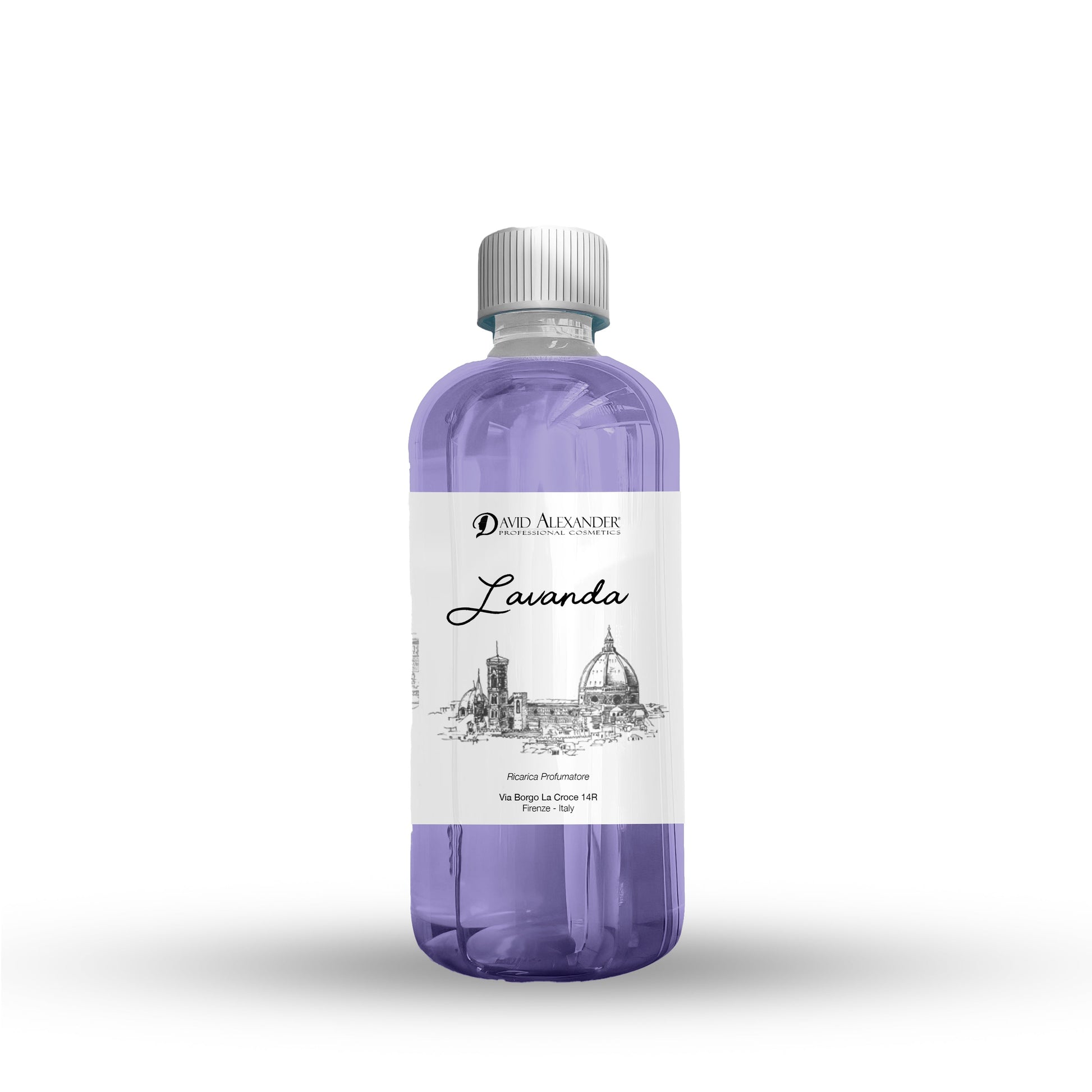 Ricarica profumatrice Lavanda da 500 ml in bottiglia viola con tappo argentato, David Alexander