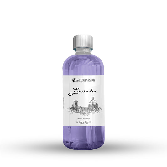 Ricarica profumatrice Lavanda da 500 ml in bottiglia viola con tappo argentato, David Alexander