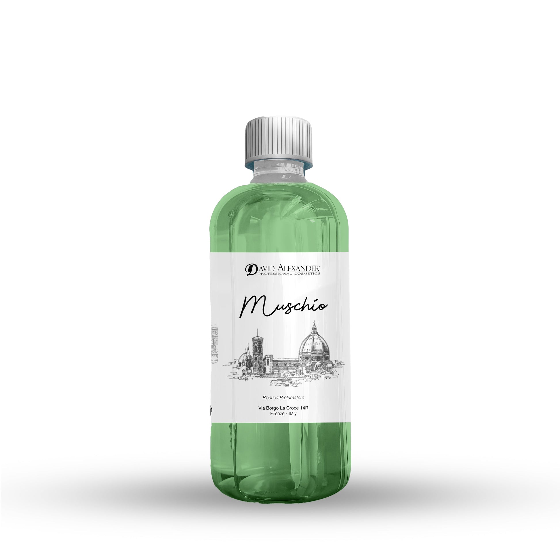 David Alexander Muschio refill perfume bottle in green plastic with a silver cap