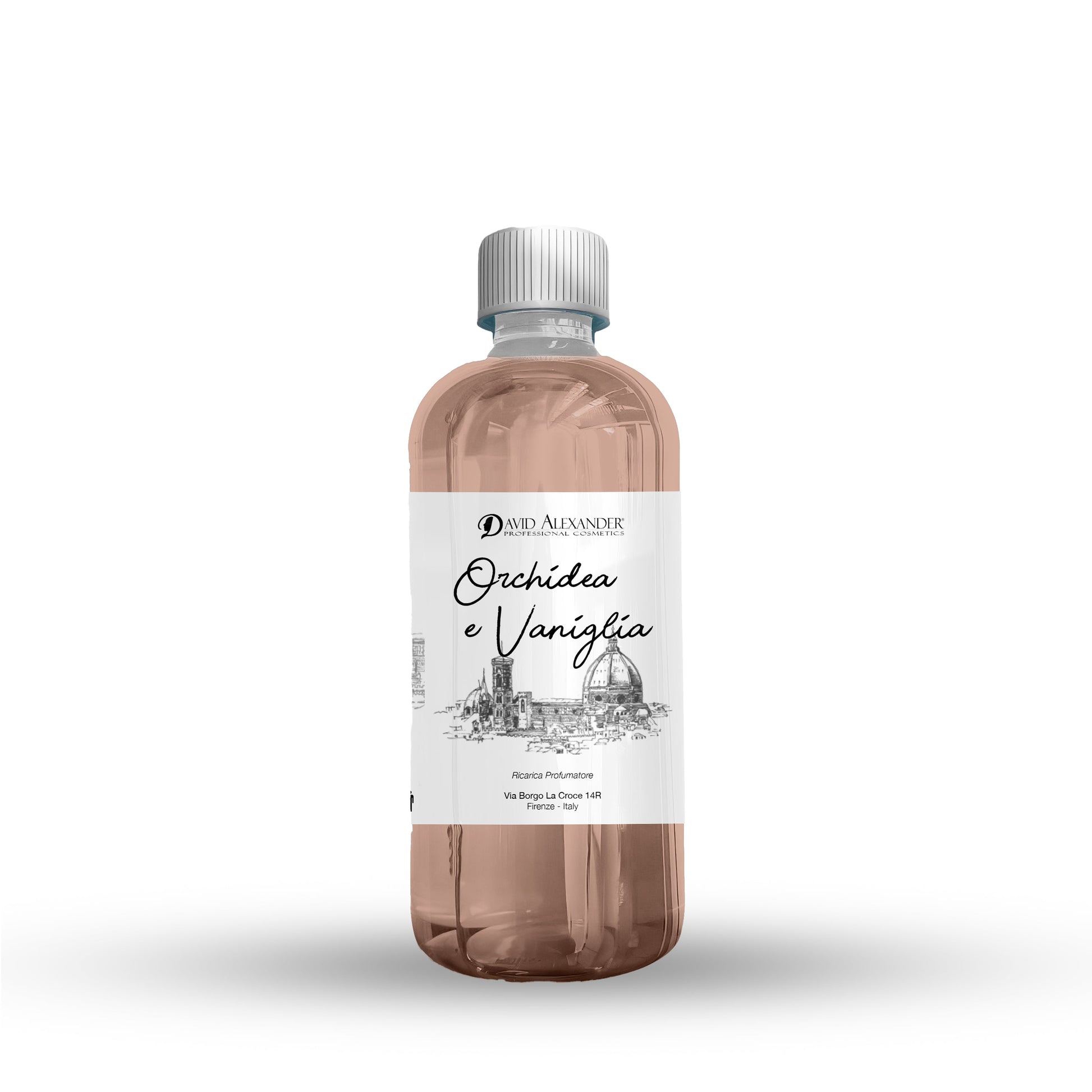 Ricarica profumatore Orchidea e Vaniglia in bottiglia trasparente con liquido rosa e tappo grigio