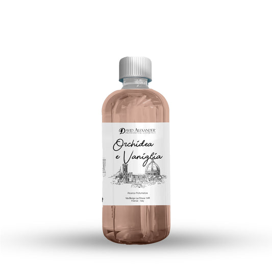 Ricarica profumatore Orchidea e Vaniglia in bottiglia trasparente con liquido rosa e tappo grigio