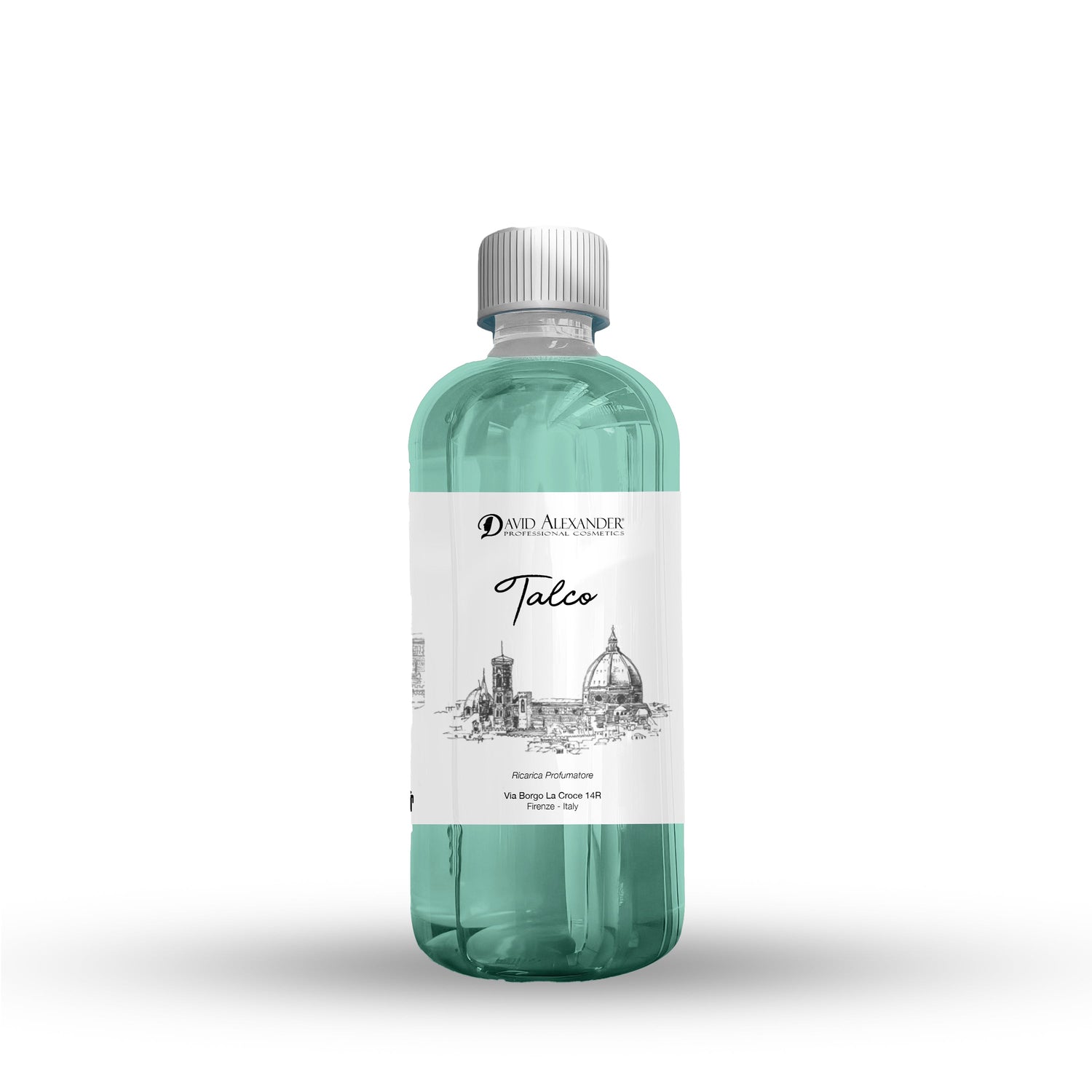 Talco perfume refill bottle with turquoise liquid and white label