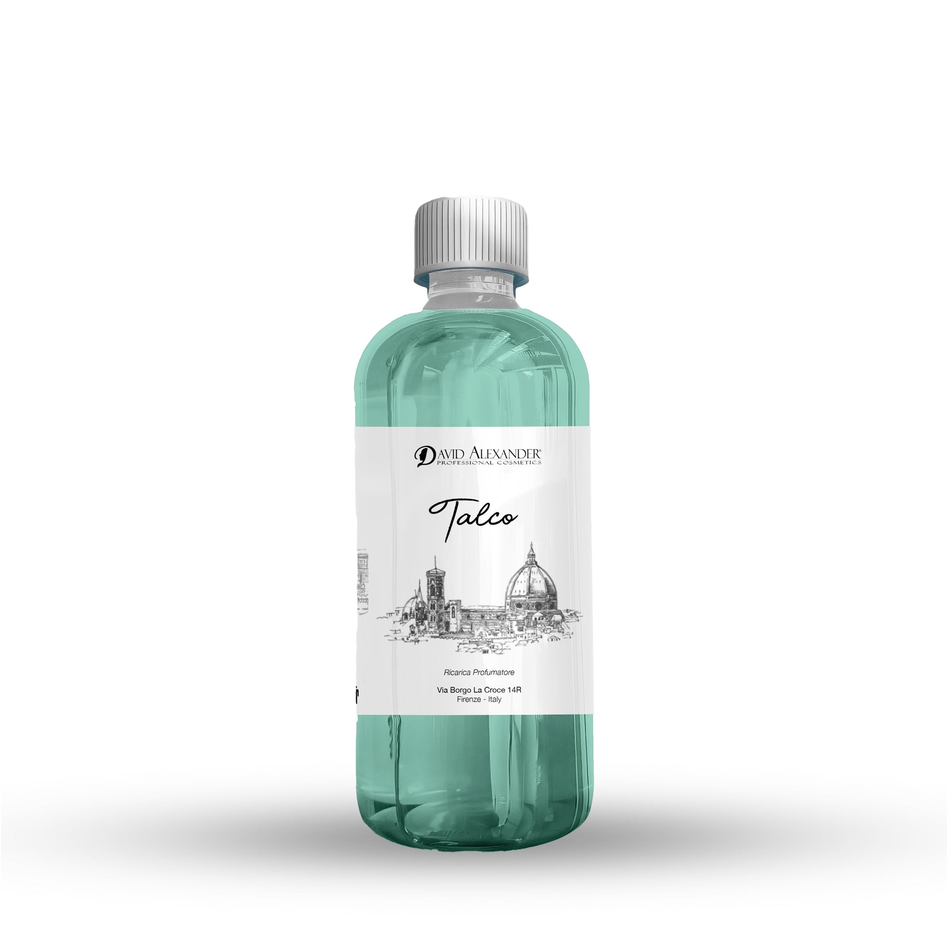 Talco perfume refill bottle with turquoise liquid and white label