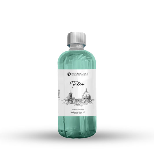 Talco perfume refill bottle with turquoise liquid and white label