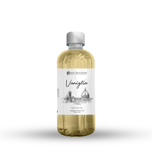 Ricarica profumatrice Vaniglia 500 ml in bottiglia trasparente con etichetta bianca e tappo grigio